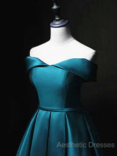 Blue Satin Cute Knee Length Short Evening Prom Dresses Homecoming Dresses, Off Shoulder Formal Dresses
